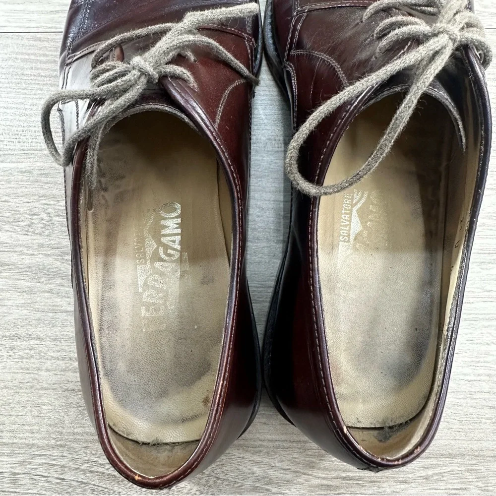 Salvatore Ferragamo Mens Wine Leather Oxford Dress Shoes Size 8.5 D